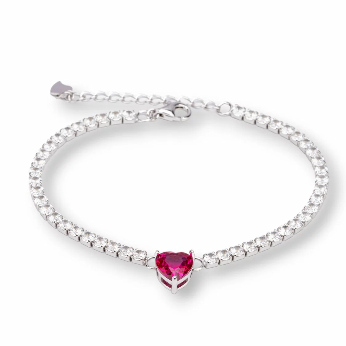 Bracciale Di Argento 925 Tennis Con Zircone da 3mm Cuore da 8mm Lunghezza 16+4cm Rodiato Ruby-BRACCIALI TENNIS | Worldofjewel.com