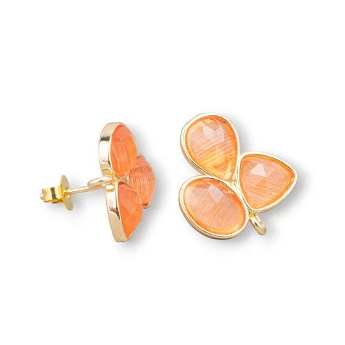 Basi Per Orecchini Di Ottone A Perno Con Cabochon Di Occhio Di Gatto Incastonato 17x17mm 3 Paia Dorato Arancio-BASI CON PIETRE E PERLINE | Worldofjewel.com