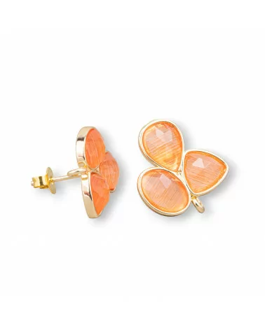 Basi Per Orecchini Di Ottone A Perno Con Cabochon Di Occhio Di Gatto Incastonato 17x17mm 3 Paia Dorato Arancio-BASI CON PIETRE E PERLINE | Worldofjewel.com