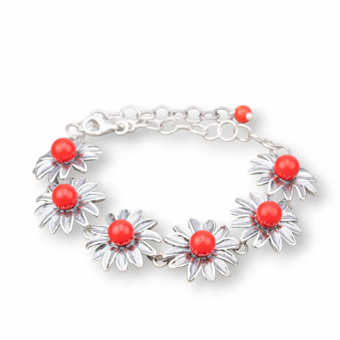 Bracciale Di Argento 925 Made in ITALY 18mm Con Pasta Di Corallo 4Fiori Lunghezza 18,5+6cm-BRACCIALI DI ARGENTO 925 | Worldofjewel.com