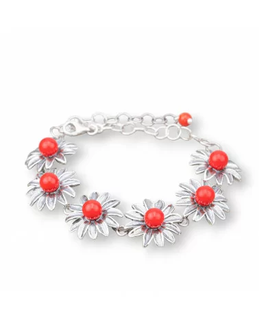 Bracciale Di Argento 925 Made in ITALY 18mm Con Pasta Di Corallo 4Fiori Lunghezza 18,5+6cm-BRACCIALI DI ARGENTO 925 | Worldofjewel.com