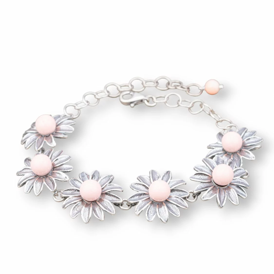 Bracciale Di Argento 925 Made in ITALY 18mm Con Pasta Di Corallo Rosa 4Fiori Lunghezza 18,5+6cm-BRACCIALI DI ARGENTO 925 | Worldofjewel.com