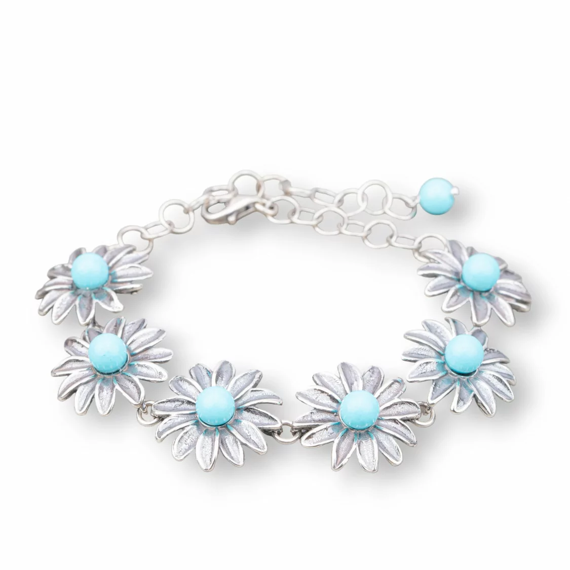 Bracciale Di Argento 925 Made in ITALY 18mm Con Pasta Di Turchese 4Fiori Lunghezza 18,5+6cm-BRACCIALI DI ARGENTO 925 | Worldofjewel.com