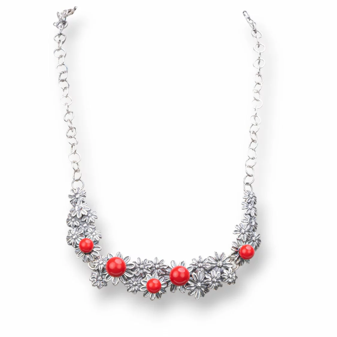 Collana Di Argento 925 Made in ITALY 18mm Con Pasta Di Corallo 4Fiori Lunghezza 48cm-COLLANE DI ARGENTO 925 | Worldofjewel.com