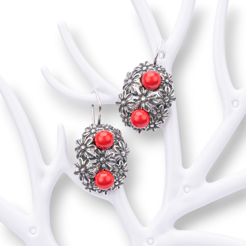 Boucles d'oreilles en argent 925 fabriquées en ITALIE 18x34mm avec pâte de corail 4 fleurs