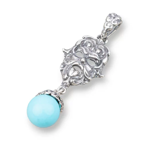 Pendente Di Argento 925 Made in ITALY 17x50mm Con Pasta Di Turchese 4Fiori-ARGENTO 925 DESIGN ITALY | Worldofjewel.com