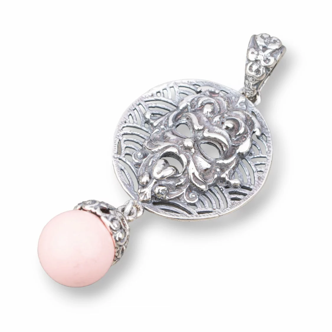 Pendente Di Argento 925 Made in ITALY 22x52mm Con Pasta Di Corallo Rosa 4Fiori-ARGENTO 925 DESIGN ITALY | Worldofjewel.com