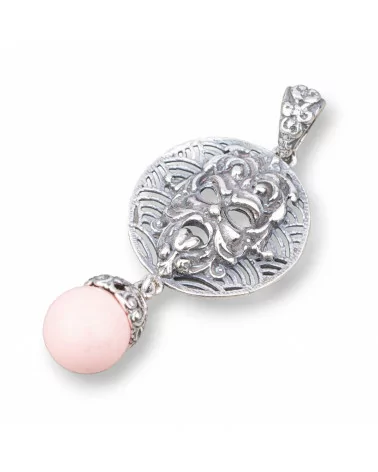 Pendente Di Argento 925 Made in ITALY 22x52mm Con Pasta Di Corallo Rosa 4Fiori-ARGENTO 925 DESIGN ITALY | Worldofjewel.com