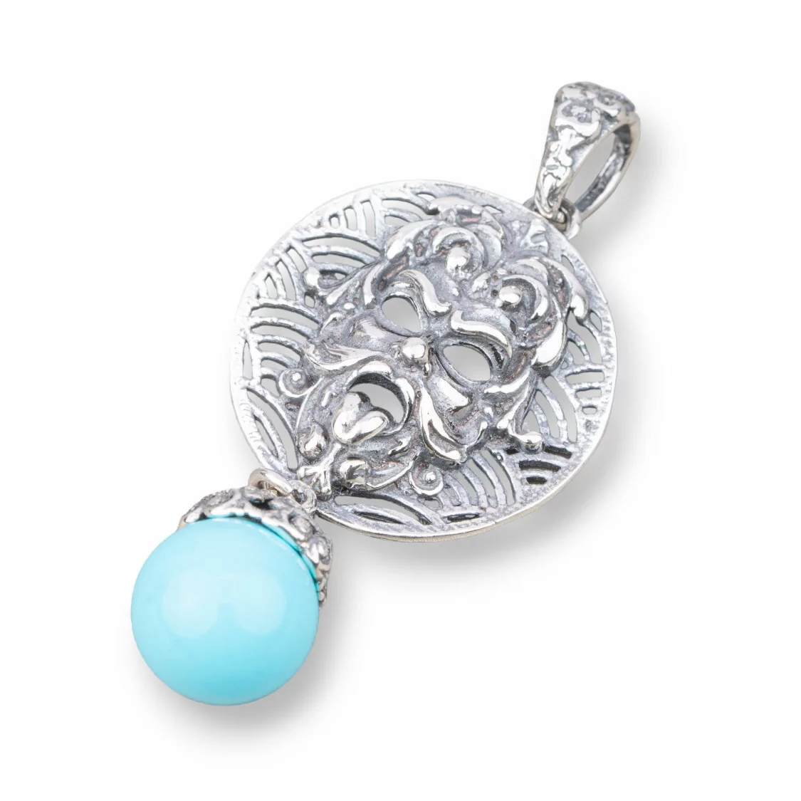 Pendente Di Argento 925 Made in ITALY 22x52mm Con Pasta Di Turchese 4Fiori-ARGENTO 925 DESIGN ITALY | Worldofjewel.com