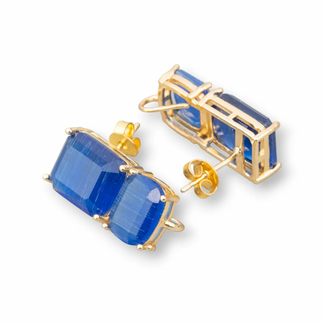 Base Per Orecchini Di Ottone A Perno Con Occhio Di Gatto Sfaccettato Doppio Rettangolo 10x22mm 4 Paia Dorato Blu-BASI CON PIETRE E PERLINE | Worldofjewel.com