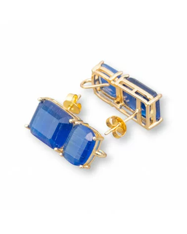 Base Per Orecchini Di Ottone A Perno Con Occhio Di Gatto Sfaccettato Doppio Rettangolo 10x22mm 4 Paia Dorato Blu-BASI CON PIETRE E PERLINE | Worldofjewel.com