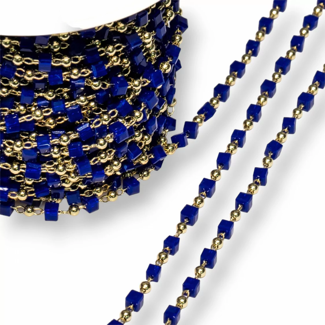 Catena Rosario Con Cristalli Cubetti e Ottone 2mm 10 Metri Dorato Blu-CATENE ROSARIO PERLINE | Worldofjewel.com