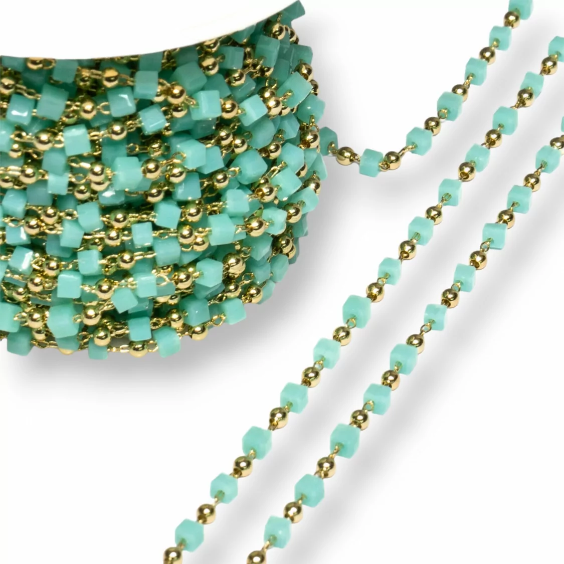 Catena Rosario Con Cristalli Cubetti e Ottone 2mm 10 Metri Dorato Verde Acqua-CATENE ROSARIO PERLINE | Worldofjewel.com