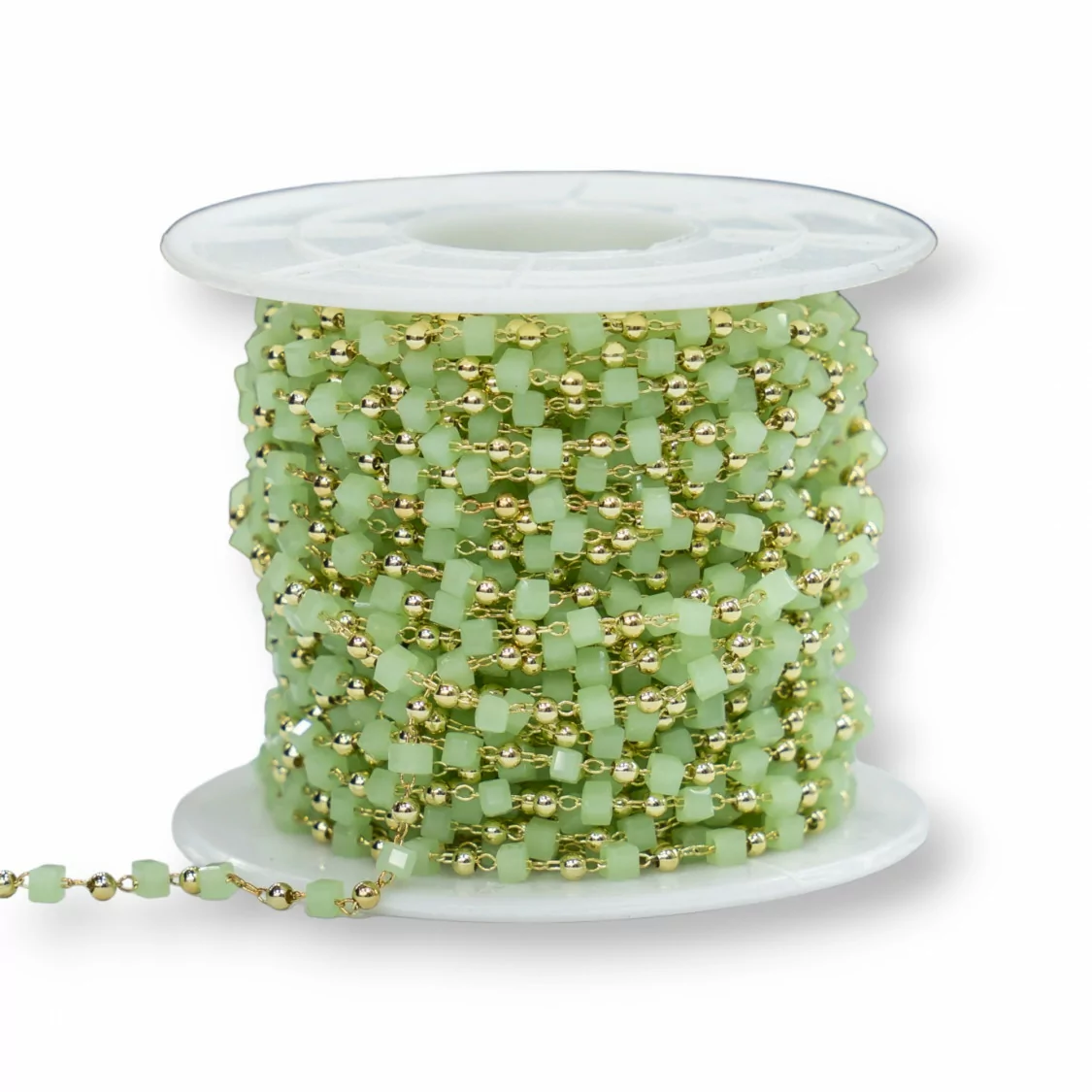 Catena Rosario Con Cristalli Cubetti e Ottone 2mm 10 Metri Dorato Verde Chiaro-CATENE ROSARIO PERLINE | Worldofjewel.com