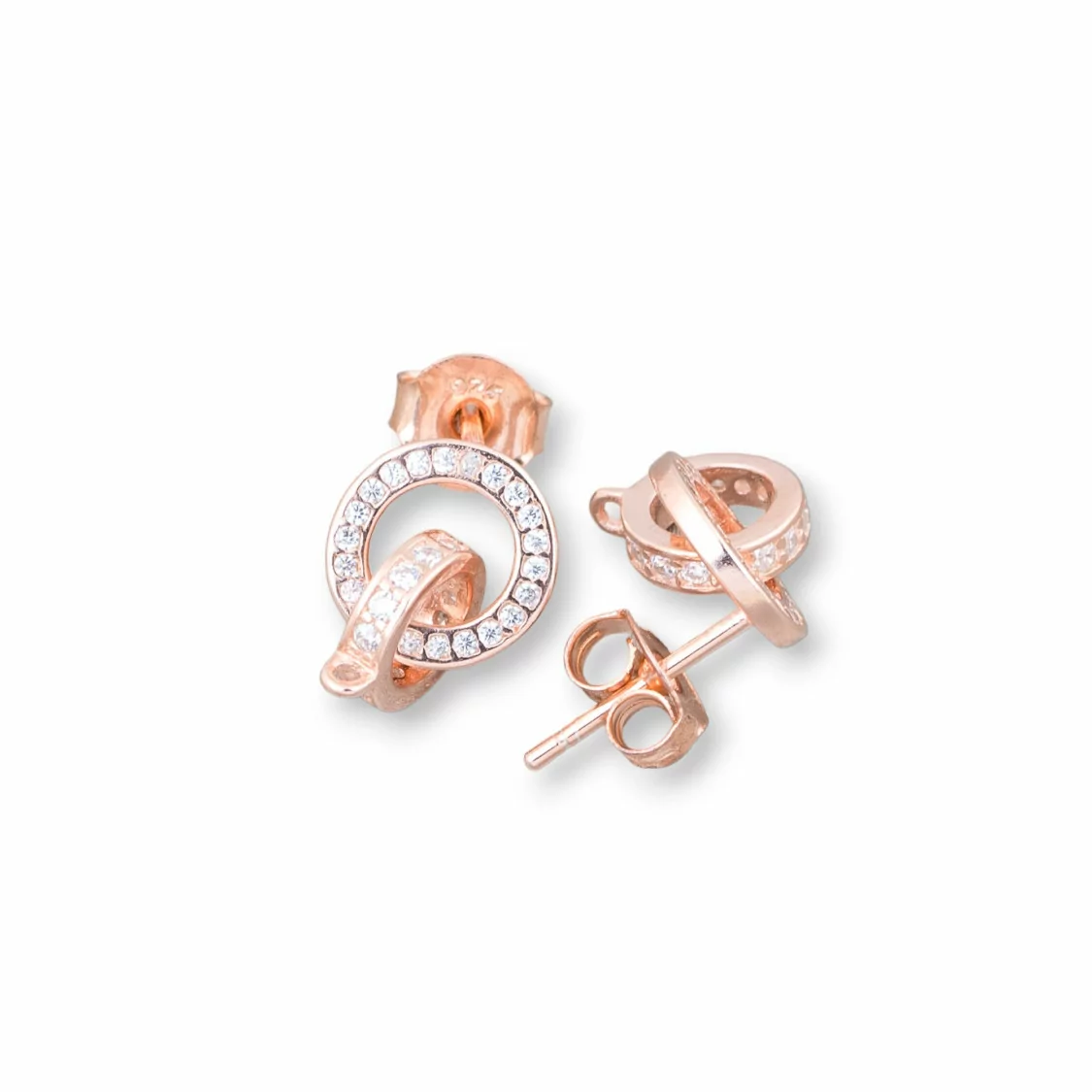 Base Per Orecchini Di Argento 925 Con Zirconi Perno Cerchi Doppi 9,5x15,5mm 2 Paia Oro Rosa-BASI DI ARGENTO 925 | Worldofjewel.com