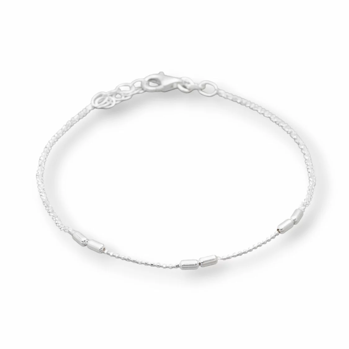 Bracciale Di Argento 925 Con Catena Diamantata E Tubetti 2x4mm Lungo 18cm + 3,5cm 1pz Argentato-BRACCIALI DI ARGENTO 925 | Worldofjewel.com