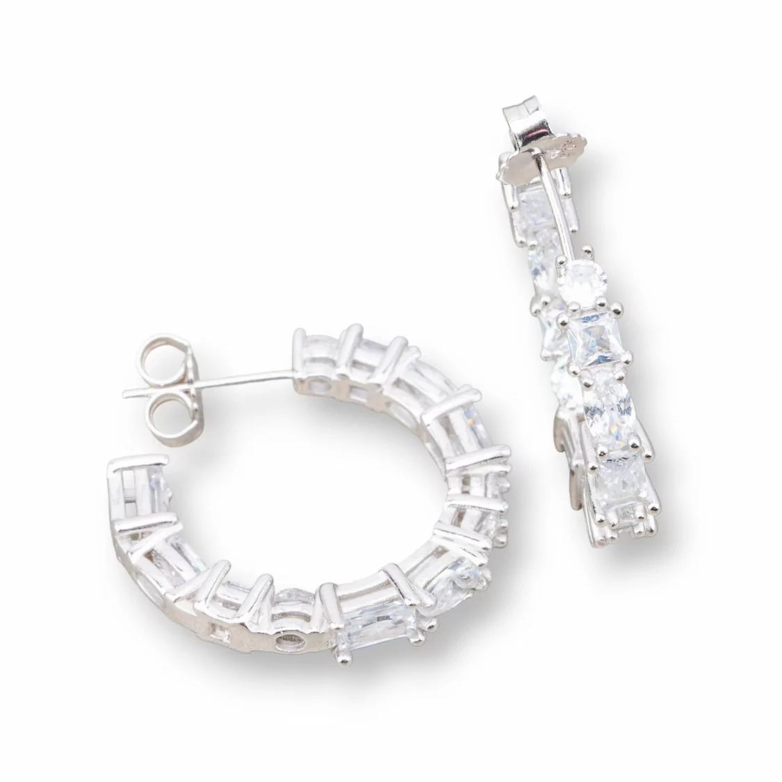 Orecchini Perno Di Argento 925 Con Cerchietto Zirconi 4x25mm 1 Coppia Rodiato Bianco-ARGENTO 925 DESIGN ITALY | Worldofjewel.com