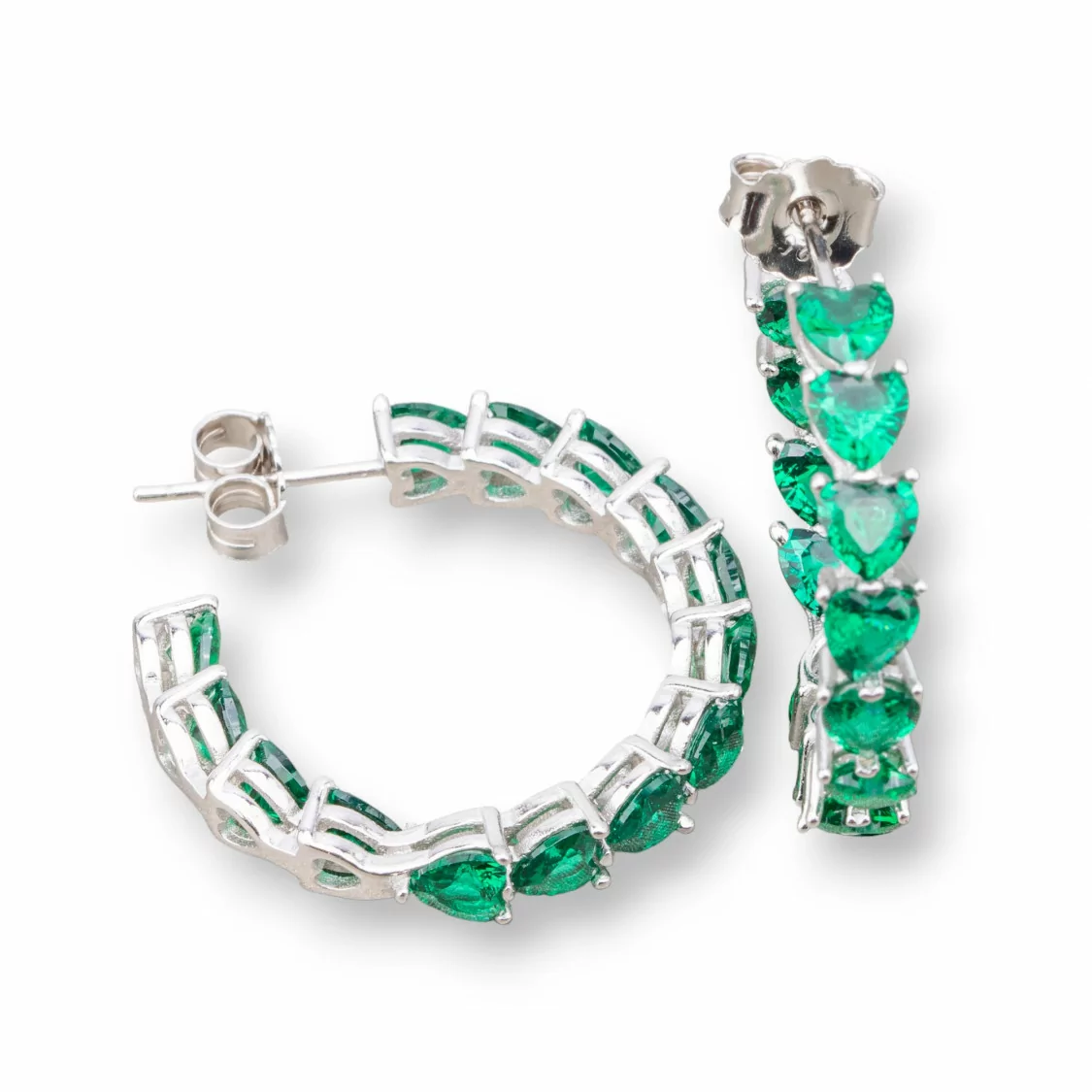 Orecchini Perno Di Argento 925 Con Cerchietto Zirconi a Cuore 4,5x25mm 1 Coppia Rodiato Verde Smeraldo-ARGENTO 925 DESIGN ITALY | Worldofjewel.com