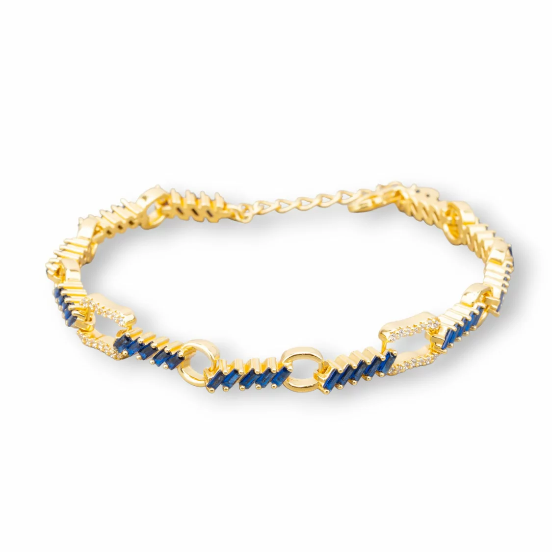 Bracciale Di Argento 925 'Amelia' Con Zircone A Baguette E Catena Larghezza 7mm Lunghezza 17cm+3cm Dorato Blu Zaffiro-BRACCIALI TENNIS | Worldofjewel.com