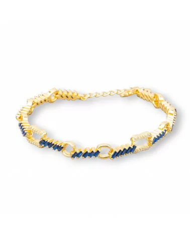 Bracciale Di Argento 925 'Amelia' Con Zircone A Baguette E Catena Larghezza 7mm Lunghezza 17cm+3cm Dorato Blu Zaffiro-BRACCIALI TENNIS | Worldofjewel.com