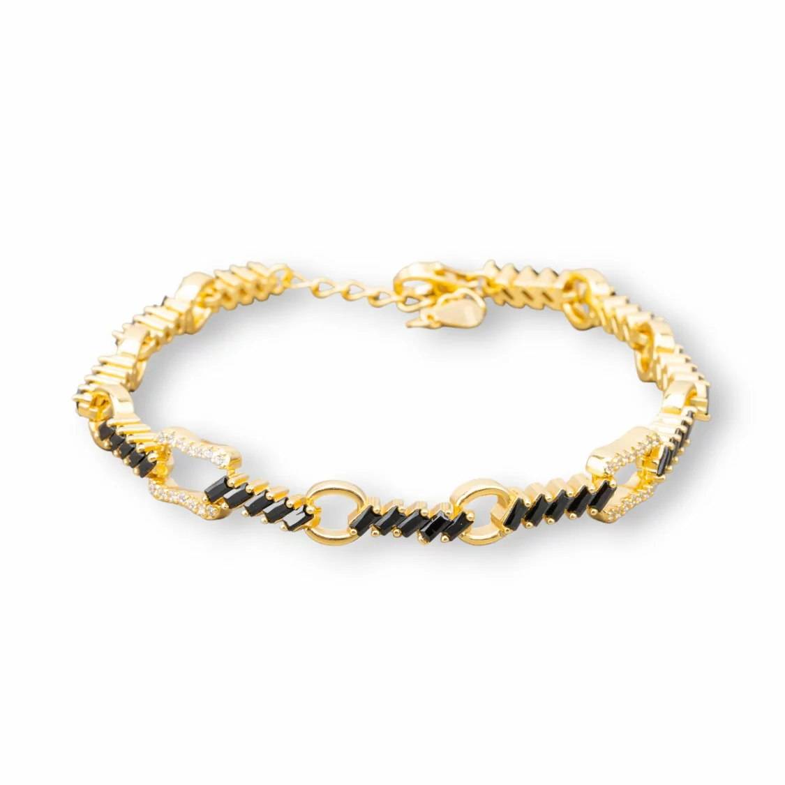 Bracciale Di Argento 925 'Amelia' Con Zircone A Baguette E Catena Larghezza 7mm Lunghezza 17cm+3cm Dorato Nero Jet-BRACCIALI TENNIS | Worldofjewel.com