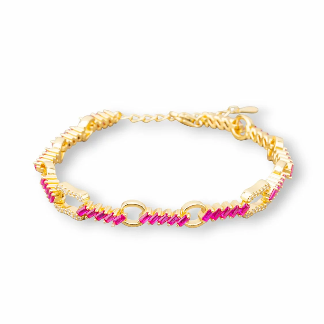 Bracciale Di Argento 925 'Amelia' Con Zircone A Baguette E Catena Larghezza 7mm Lunghezza 17cm+3cm Dorato Rosso Ruby-BRACCIALI TENNIS | Worldofjewel.com