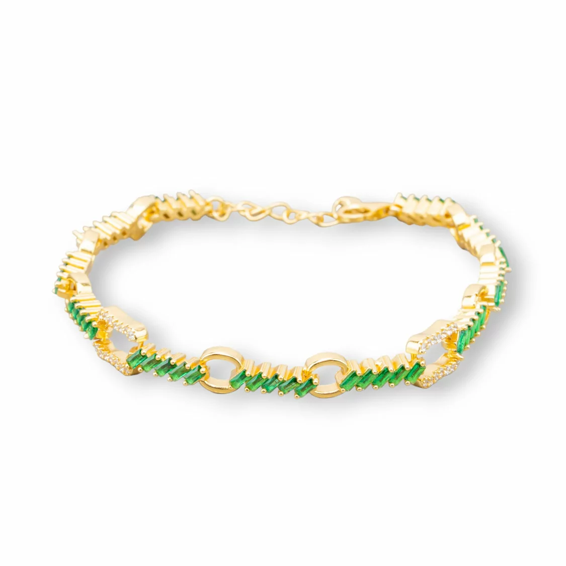 Bracciale Di Argento 925 'Amelia' Con Zircone A Baguette E Catena Larghezza 7mm Lunghezza 17cm+3cm Dorato Verde Smeraldo-BRACCIALI TENNIS | Worldofjewel.com