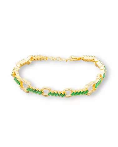 Bracciale Di Argento 925 'Amelia' Con Zircone A Baguette E Catena Larghezza 7mm Lunghezza 17cm+3cm Dorato Verde Smeraldo-BRACCIALI TENNIS | Worldofjewel.com