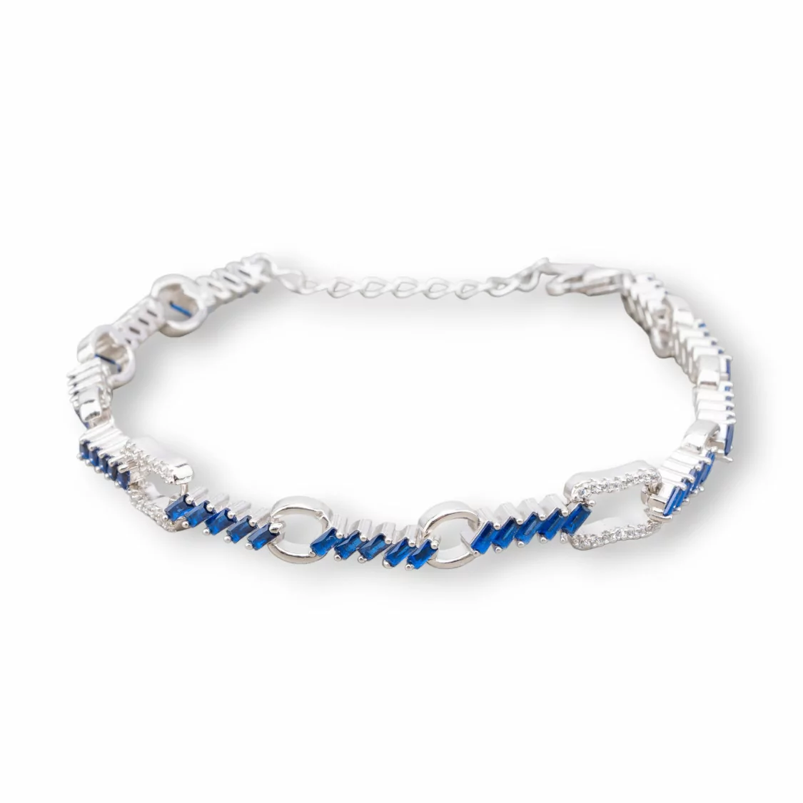 Bracciale Di Argento 925 'Amelia' Con Zircone A Baguette E Catena Larghezza 7mm Lunghezza 17cm+3cm Rodiato Blu Zaffiro-BRACCIALI TENNIS | Worldofjewel.com