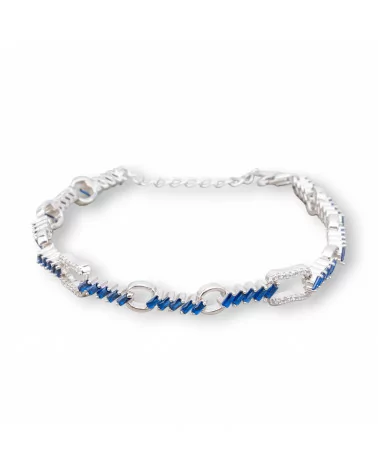 Bracciale Di Argento 925 'Amelia' Con Zircone A Baguette E Catena Larghezza 7mm Lunghezza 17cm+3cm Rodiato Blu Zaffiro-BRACCIALI TENNIS | Worldofjewel.com