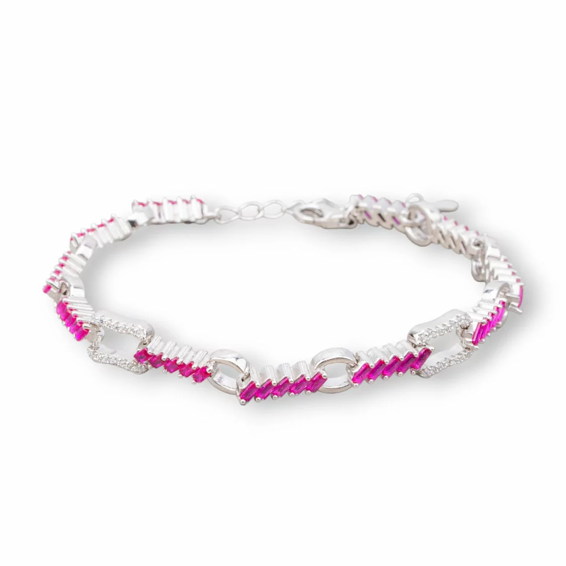 Bracciale Di Argento 925 'Amelia' Con Zircone A Baguette E Catena Larghezza 7mm Lunghezza 17cm+3cm Rodiato Rosso Ruby-BRACCIALI TENNIS | Worldofjewel.com