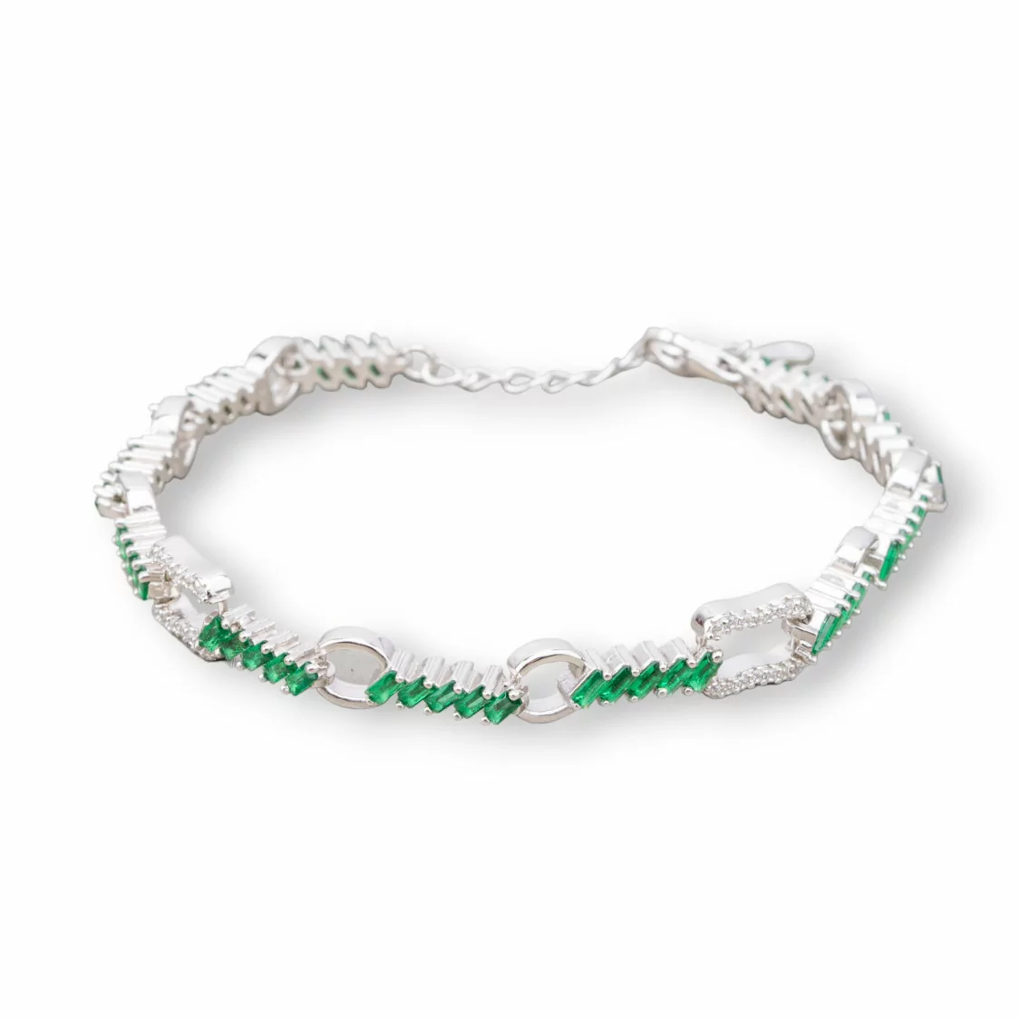 Bracciale Di Argento 925 'Amelia' Con Zircone A Baguette E Catena Larghezza 7mm Lunghezza 17cm+3cm Rodiato Verde Smeraldo-BRACCIALI TENNIS | Worldofjewel.com