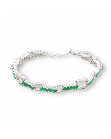 Bracciale Di Argento 925 'Amelia' Con Zircone A Baguette E Catena Larghezza 7mm Lunghezza 17cm+3cm Rodiato Verde Smeraldo-BRACCIALI TENNIS | Worldofjewel.com