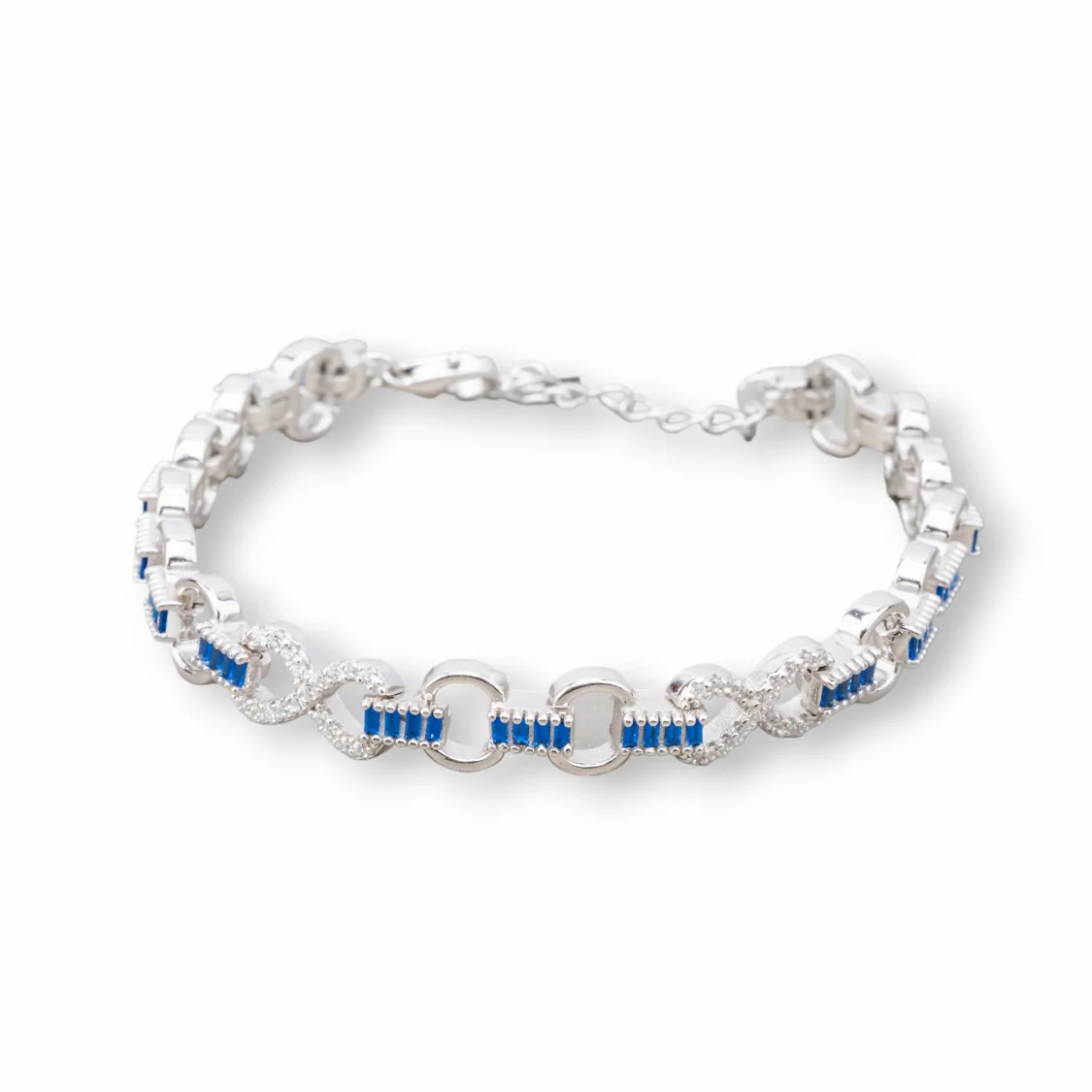 Bracciale Di Argento 925 'Amelia' Con Zircone A Baguette E Maglia Ovale Larghezza 8m Lunghezza 17cm+3cm Rodiato Blu Zaffiro-BRACCIALI TENNIS | Worldofjewel.com