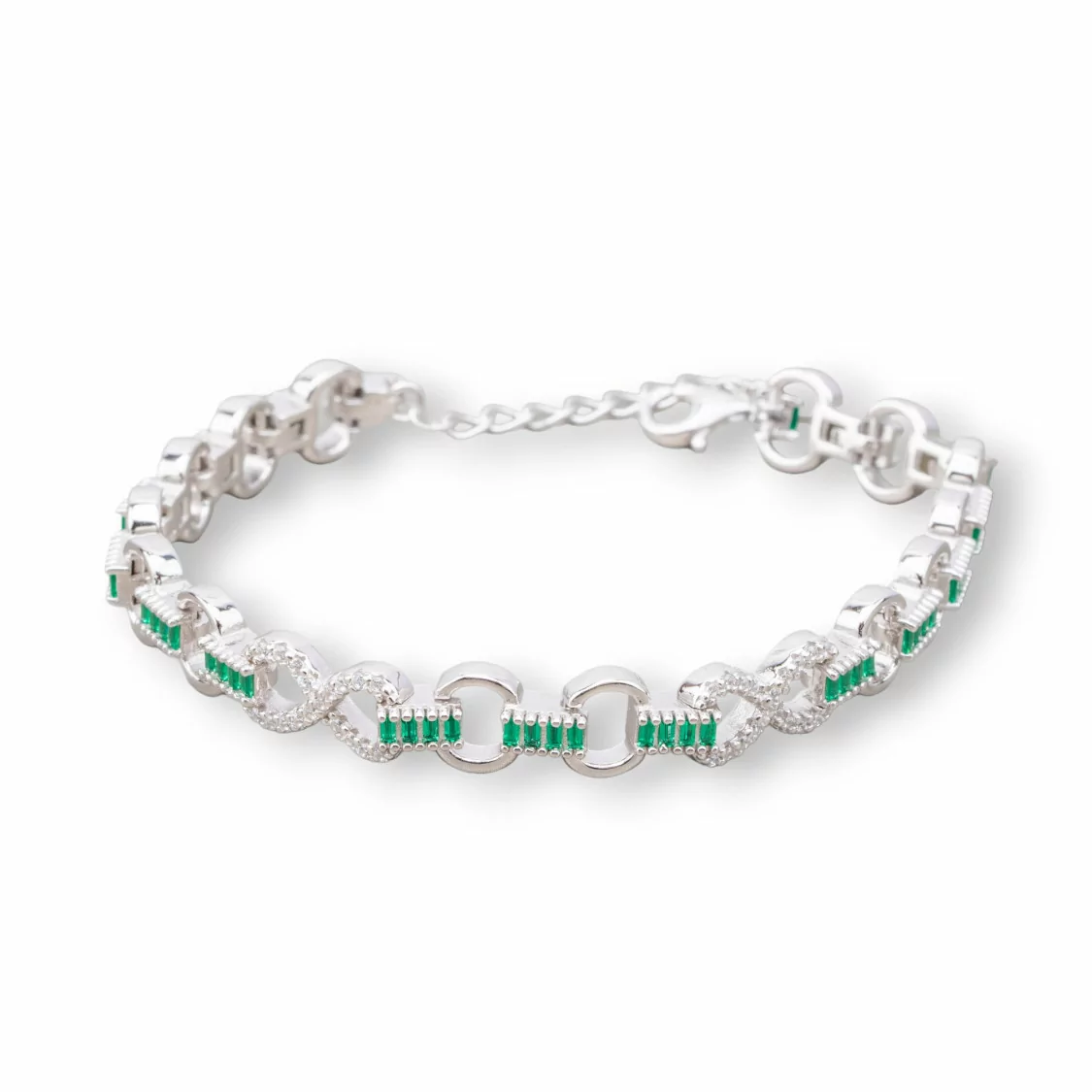 Bracciale Di Argento 925 'Amelia' Con Zircone A Baguette E Maglia Ovale Larghezza 8m Lunghezza 17cm+3cm Rodiato Verde Smeraldo-BRACCIALI TENNIS | Worldofjewel.com