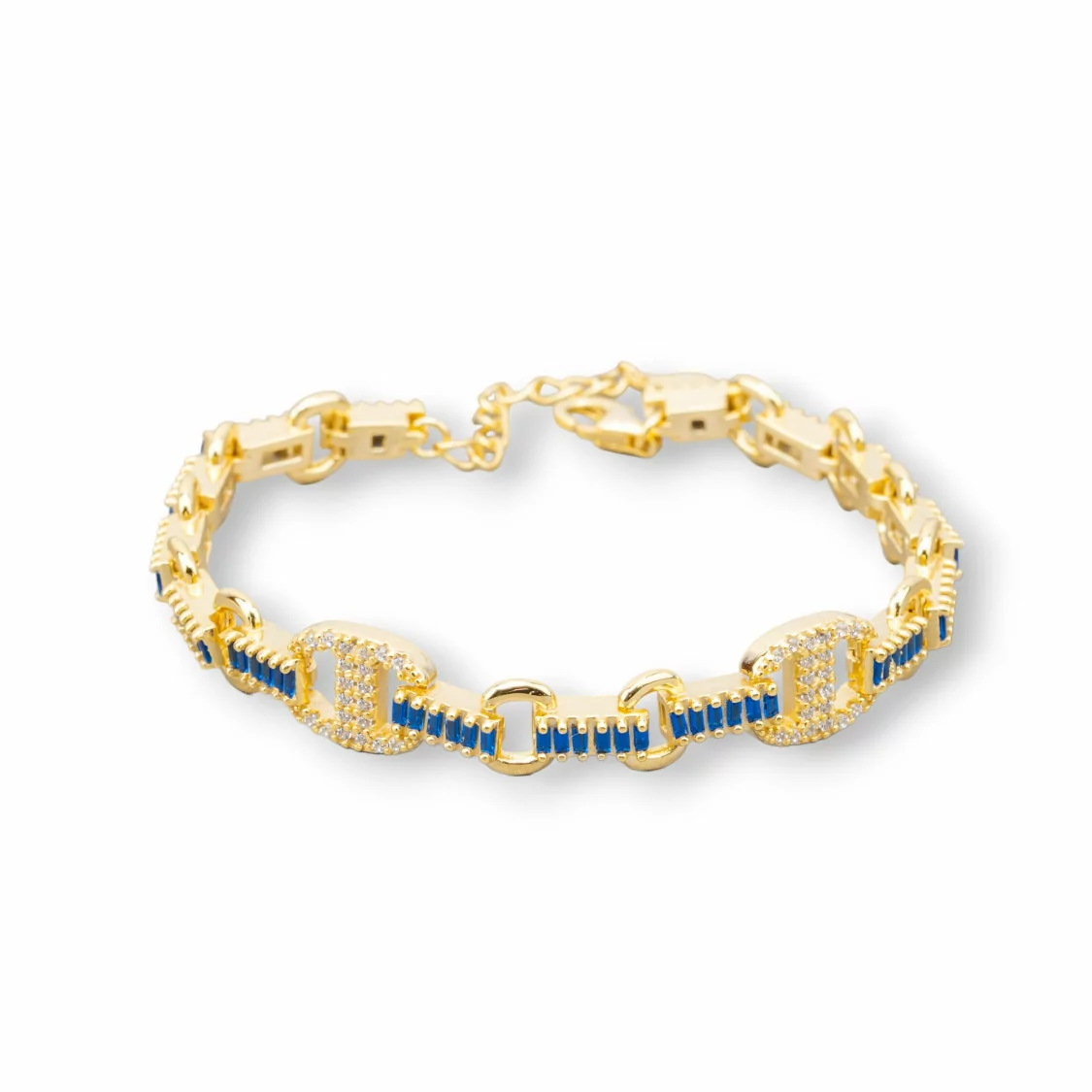 Bracciale Di Argento 925 'Amelia' Con Zircone A Baguette E Maglia Ovale Larghezza 9mm Lunghezza 16,5cm+3cm Dorato Blu Zaffiro-BRACCIALI TENNIS | Worldofjewel.com