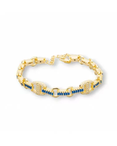 Bracciale Di Argento 925 'Amelia' Con Zircone A Baguette E Maglia Ovale Larghezza 9mm Lunghezza 16,5cm+3cm Dorato Blu Zaffiro-BRACCIALI TENNIS | Worldofjewel.com