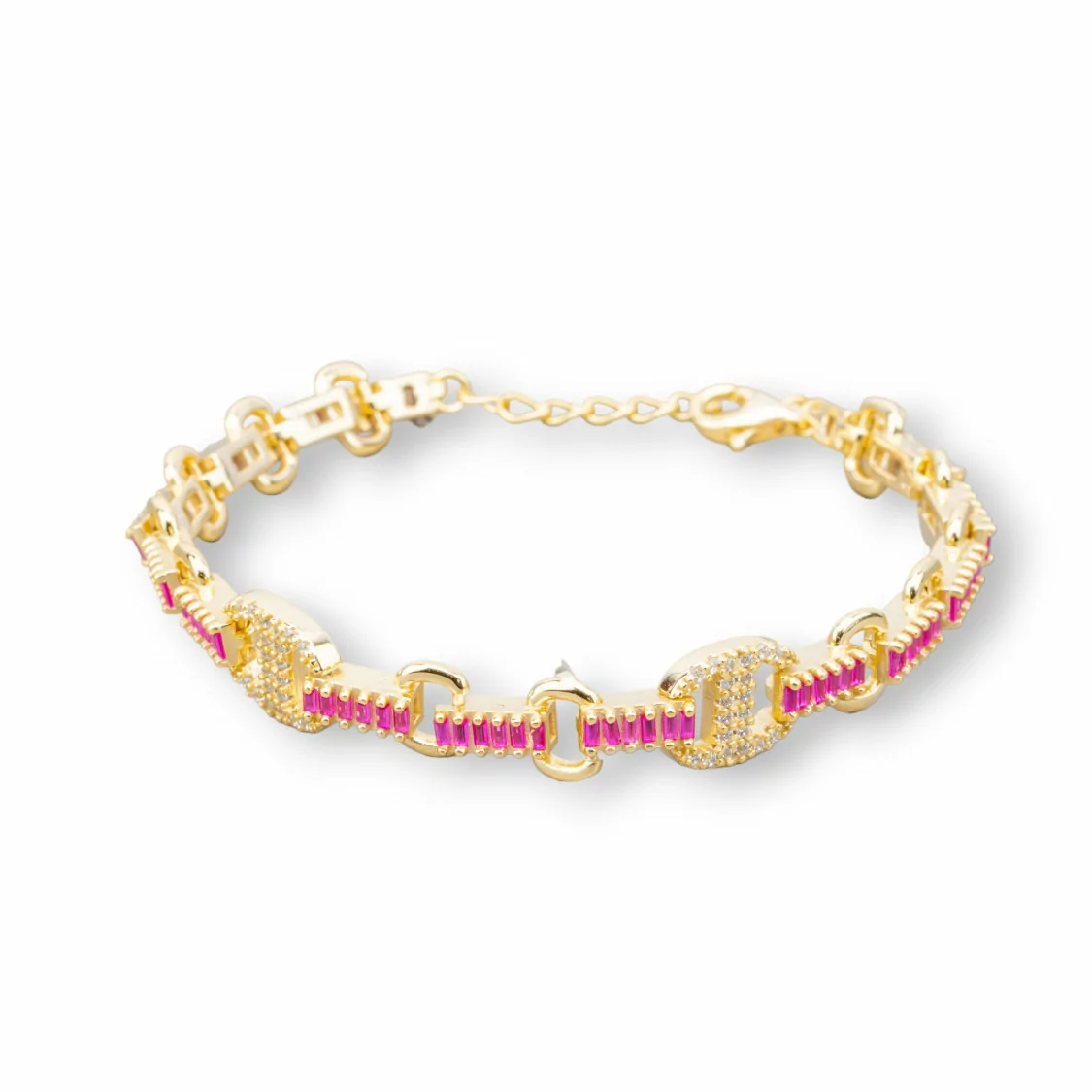 Bracciale Di Argento 925 'Amelia' Con Zircone A Baguette E Maglia Ovale Larghezza 9mm Lunghezza 16,5cm+3cm Dorato Rosso Ruby-BRACCIALI TENNIS | Worldofjewel.com