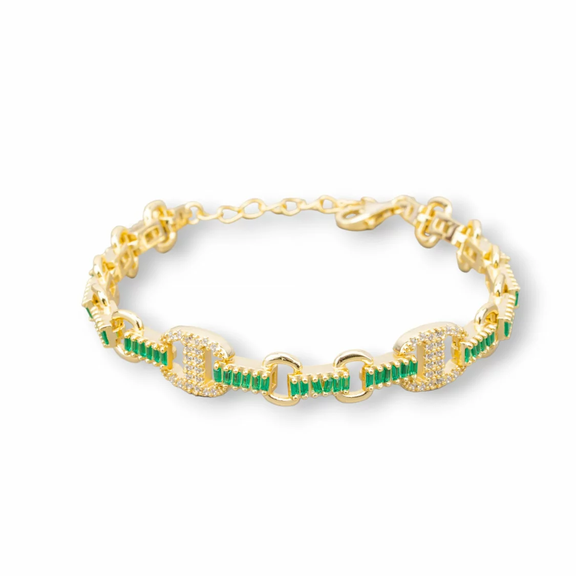 Bracciale Di Argento 925 'Amelia' Con Zircone A Baguette E Maglia Ovale Larghezza 9mm Lunghezza 16,5cm+3cm Dorato Verde Smerald-BRACCIALI TENNIS | Worldofjewel.com