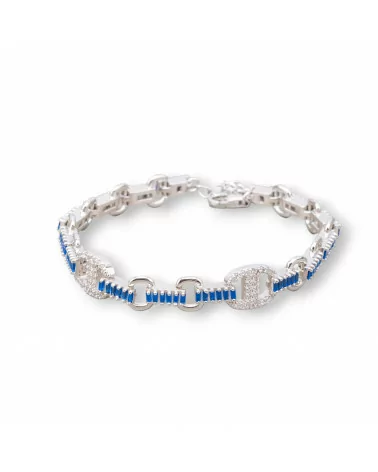 Bracciale Di Argento 925 'Amelia' Con Zircone A Baguette E Maglia Ovale Larghezza 9mm Lunghezza 16,5cm+3cm Rodiato Blu Zaffiro-BRACCIALI TENNIS | Worldofjewel.com