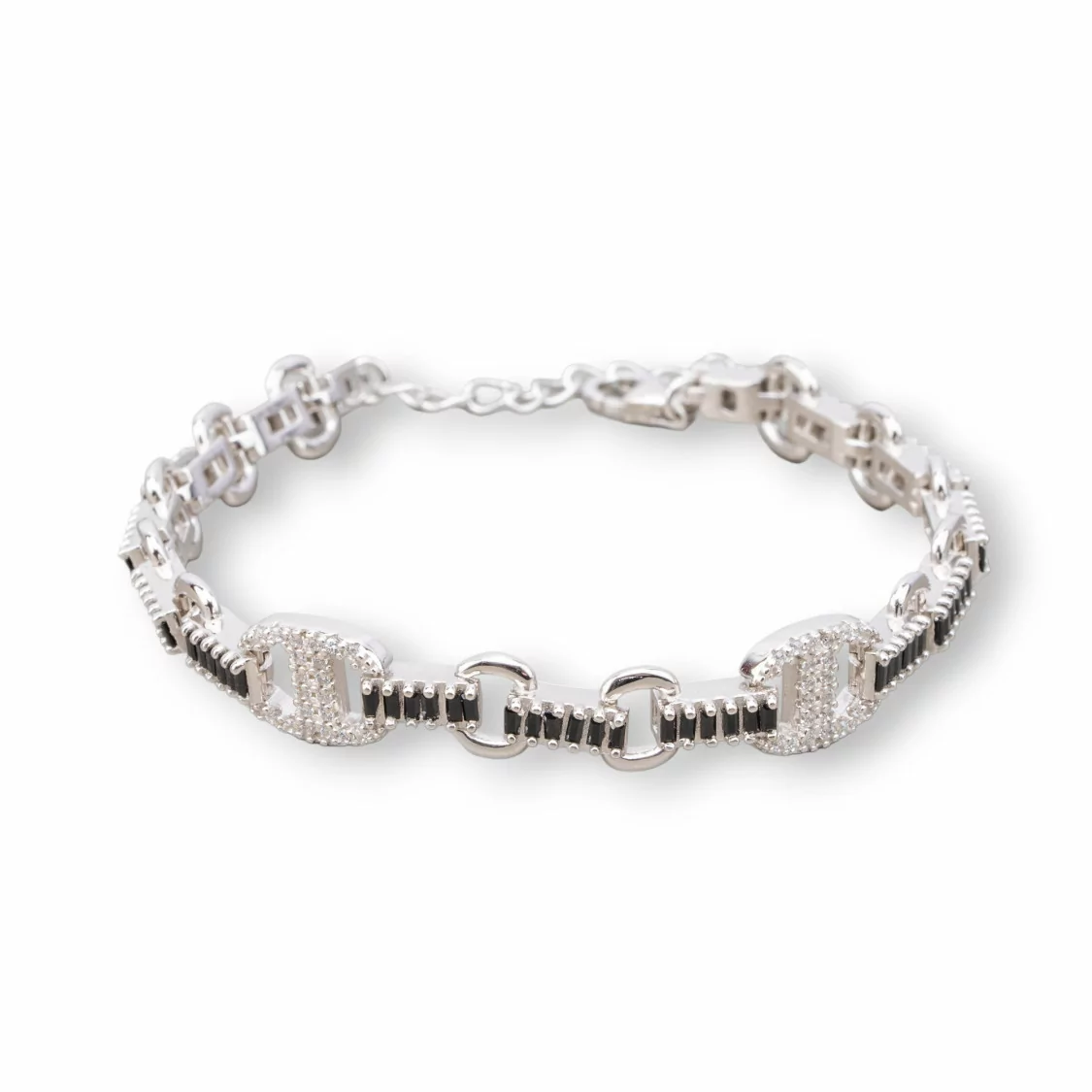 Bracciale Di Argento 925 'Amelia' Con Zircone A Baguette E Maglia Ovale Larghezza 9mm Lunghezza 16,5cm+3cm Rodiato Nero Jet-BRACCIALI TENNIS | Worldofjewel.com