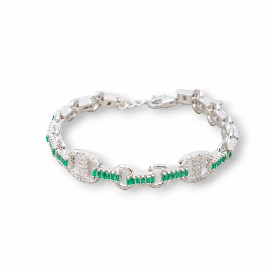 Bracciale Di Argento 925 'Amelia' Con Zircone A Baguette E Maglia Ovale Larghezza 9mm Lunghezza 16,5cm+3cm Rodiato Verde Smeral-BRACCIALI TENNIS | Worldofjewel.com