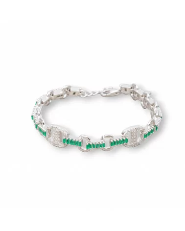 Bracciale Di Argento 925 'Amelia' Con Zircone A Baguette E Maglia Ovale Larghezza 9mm Lunghezza 16,5cm+3cm Rodiato Verde Smeral-BRACCIALI TENNIS | Worldofjewel.com