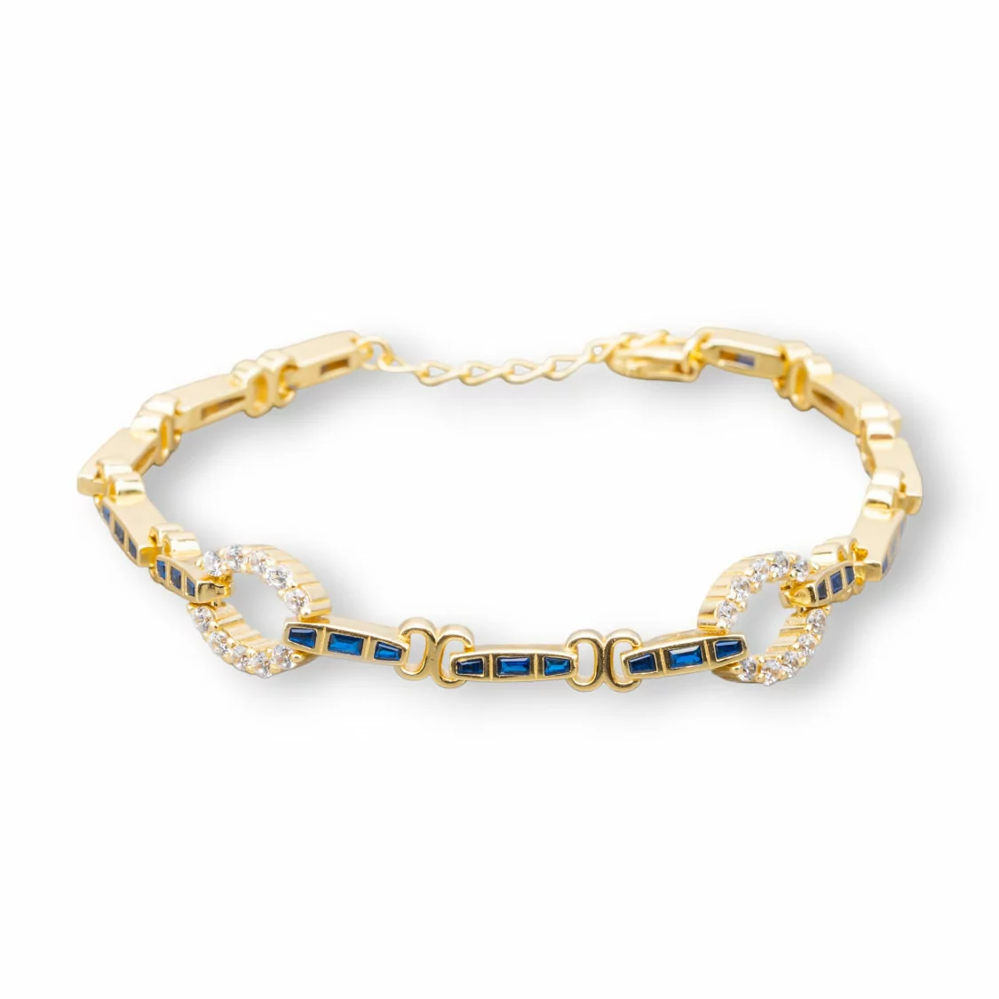 Bracciale Di Argento 925 'Amelia' Con Zircone A Baguette E Maglia Ovale Larghezza 9mm Lunghezza 18cm+3cm Dorato Blu Zaffiro-BRACCIALI TENNIS | Worldofjewel.com