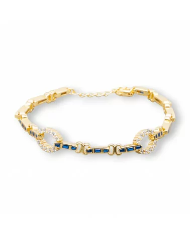 Bracciale Di Argento 925 'Amelia' Con Zircone A Baguette E Maglia Ovale Larghezza 9mm Lunghezza 18cm+3cm Dorato Blu Zaffiro-BRACCIALI TENNIS | Worldofjewel.com