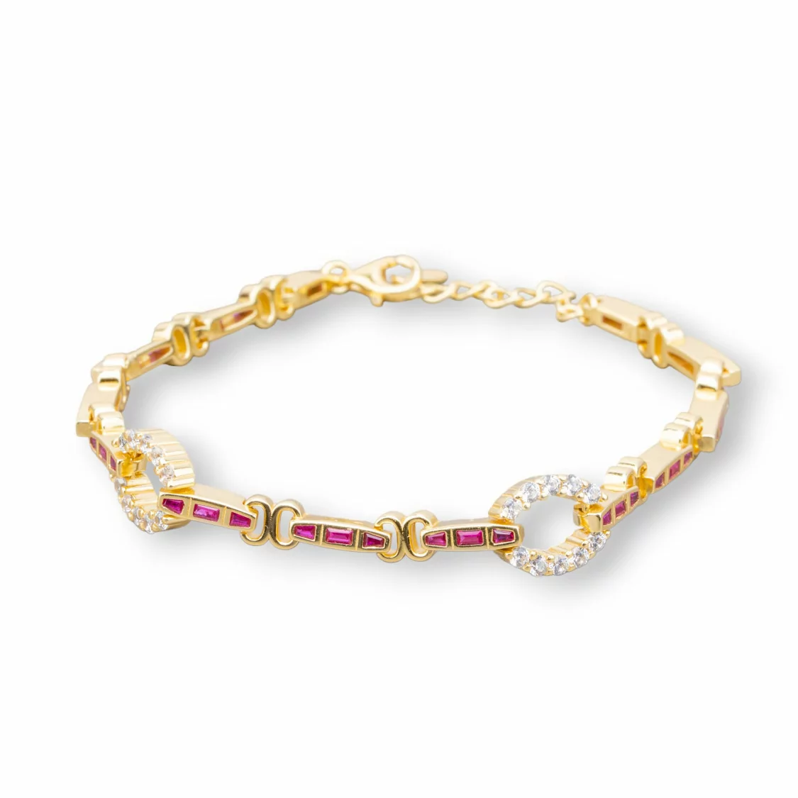 Bracciale Di Argento 925 'Amelia' Con Zircone A Baguette E Maglia Ovale Larghezza 9mm Lunghezza 18cm+3cm Dorato Rosso Ruby-BRACCIALI TENNIS | Worldofjewel.com