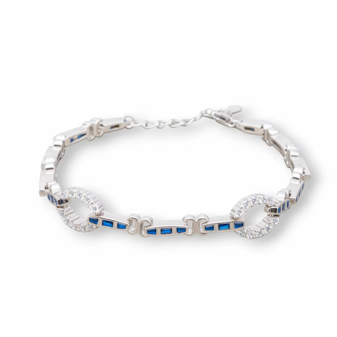 Bracciale Di Argento 925 'Amelia' Con Zircone A Baguette E Maglia Ovale Larghezza 9mm Lunghezza 18cm+3cm Rodiato Blu Zaffiro-BRACCIALI TENNIS | Worldofjewel.com