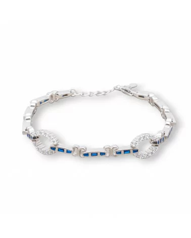 Bracciale Di Argento 925 'Amelia' Con Zircone A Baguette E Maglia Ovale Larghezza 9mm Lunghezza 18cm+3cm Rodiato Blu Zaffiro-BRACCIALI TENNIS | Worldofjewel.com