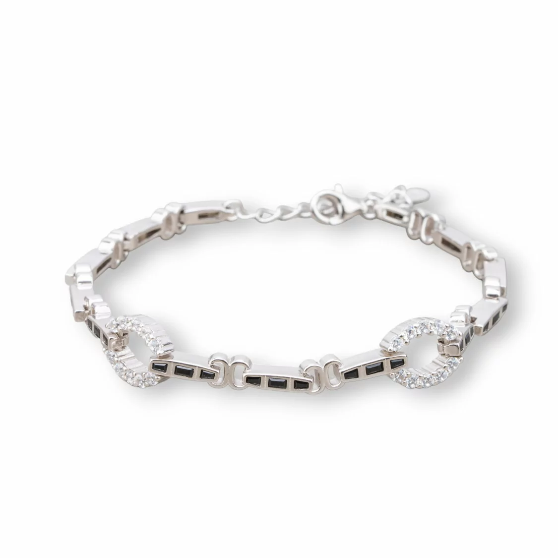 Bracciale Di Argento 925 'Amelia' Con Zircone A Baguette E Maglia Ovale Larghezza 9mm Lunghezza 18cm+3cm Rodiato Nero Jet-BRACCIALI TENNIS | Worldofjewel.com