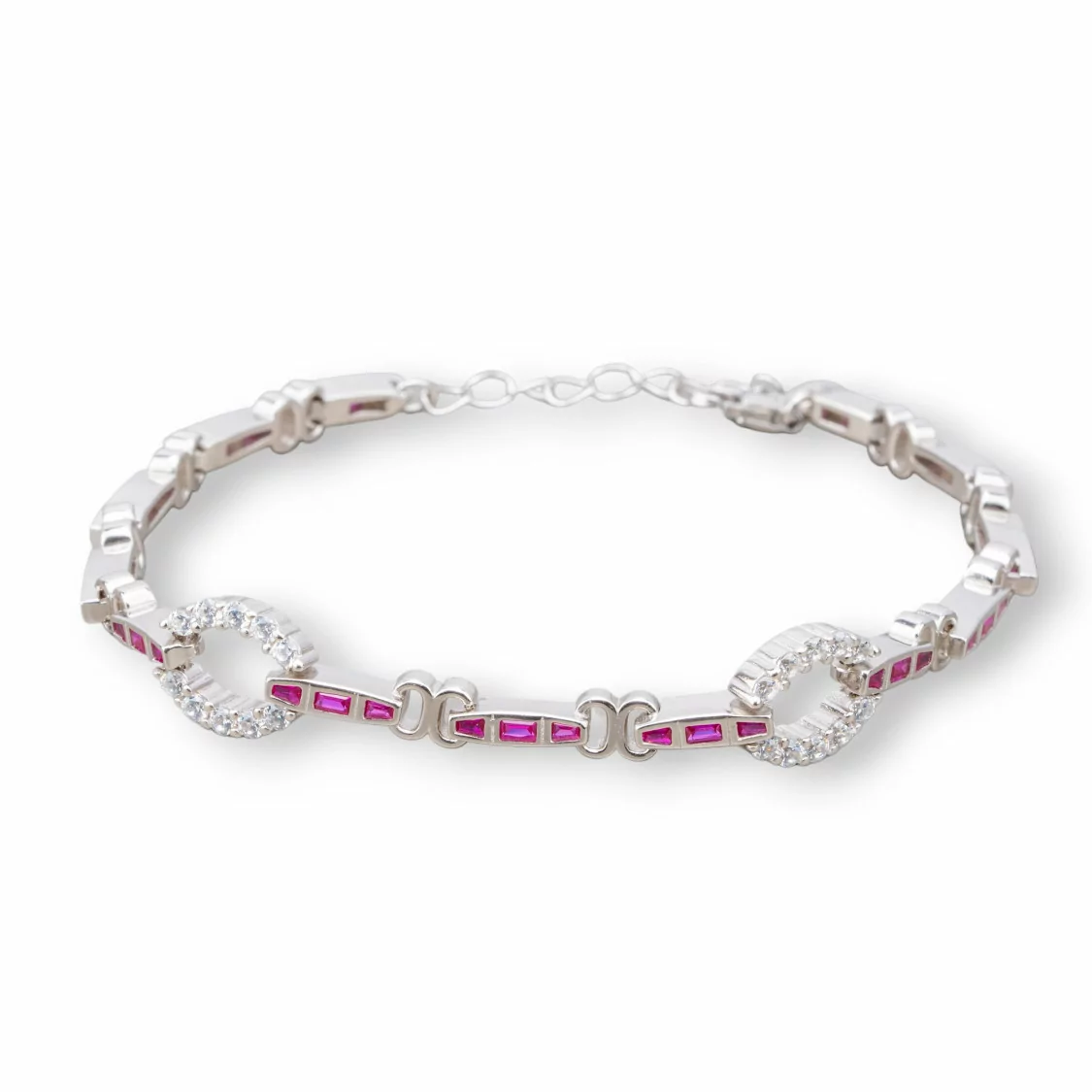 Bracciale Di Argento 925 'Amelia' Con Zircone A Baguette E Maglia Ovale Larghezza 9mm Lunghezza 18cm+3cm Rodiato Rosso Ruby-BRACCIALI TENNIS | Worldofjewel.com